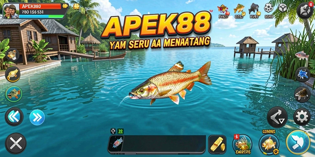 Tampilan gameplay APEK88 saat memancing di danau yang cantik.