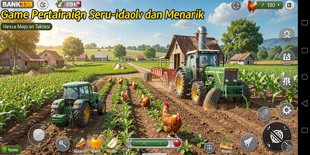 Screenshot utama BANK338 menampilkan aksi seru bertani.