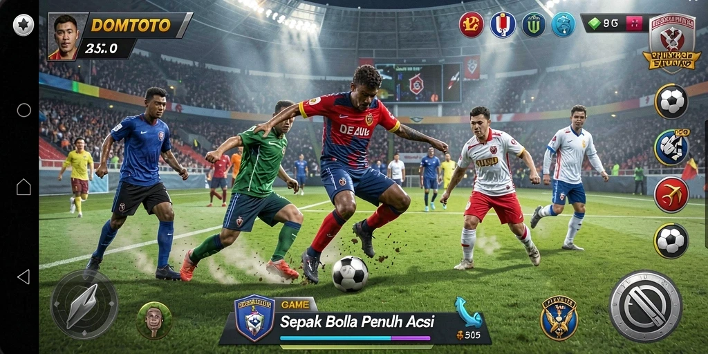 Screenshot gameplay DOMTOTO yang menampilkan aksi sepak bola seru.