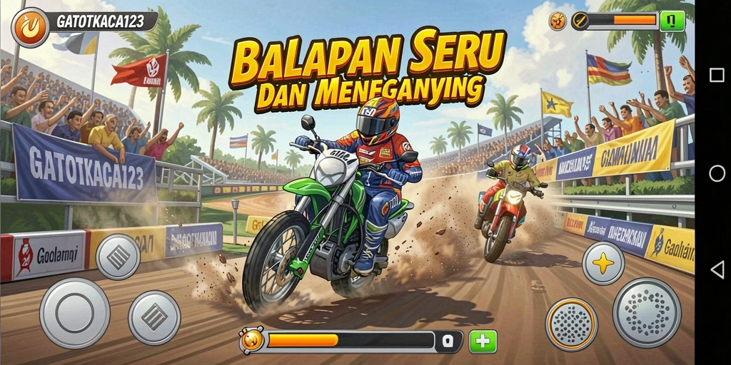 Screenshot utama GATOTKACA123 menampilkan aksi balapan yang seru dan intens.