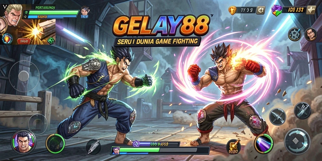 Screenshot utama GELAY88 menampilkan pertarungan karakter yang epik dan mendebarkan.