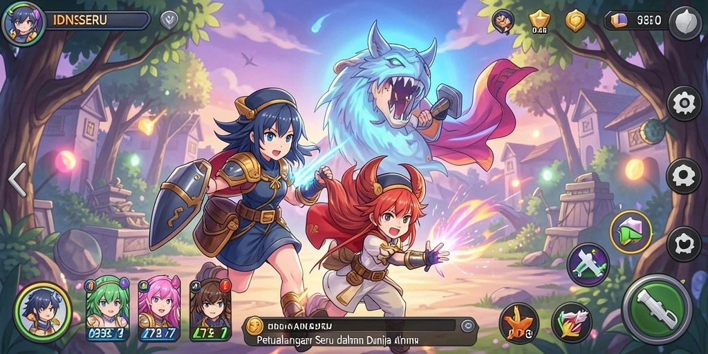 Screenshot utama IDNSERU menampilkan karakter anime beraksi dalam pertempuran seru.