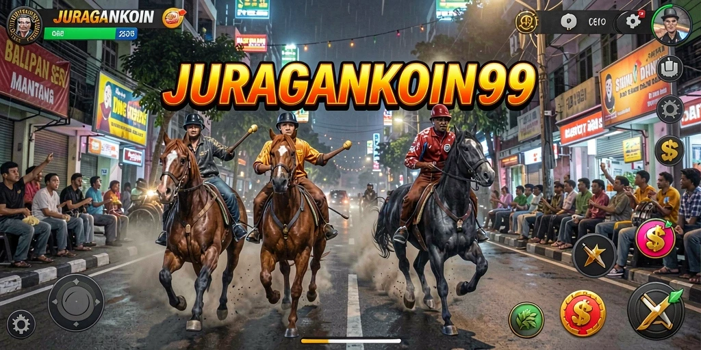 Screenshot JURAGANKOIN99 menampilkan mobil balap dalam aksi di arena kompetisi.