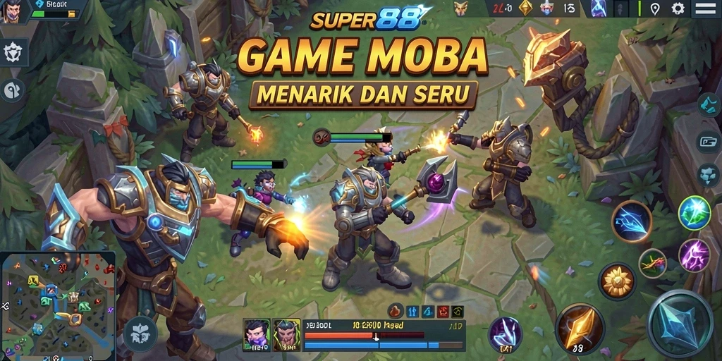 Tampilan screenshot <strong>SUPER88</strong> yang menampilkan aksi gameplay MOBA yang mendebarkan.