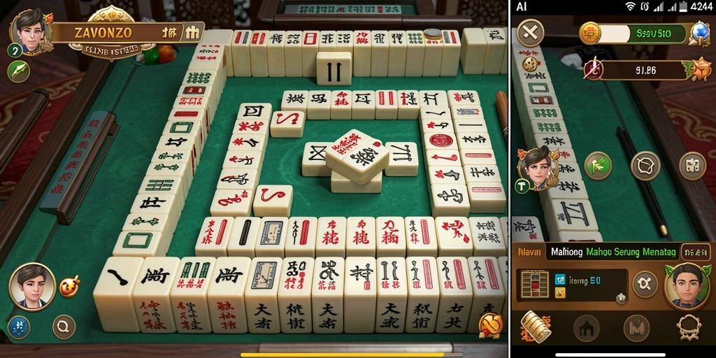Tampilan gameplay seru di ZAVONZO dengan desain ubin Mahjong yang menarik.